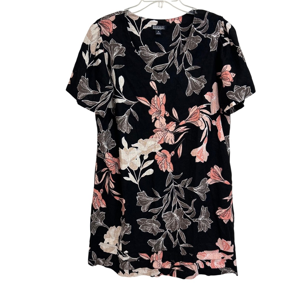 Original‎ by Nicole Miller Women's XL Black Floral Linen Blend V-Neck Dress EUC